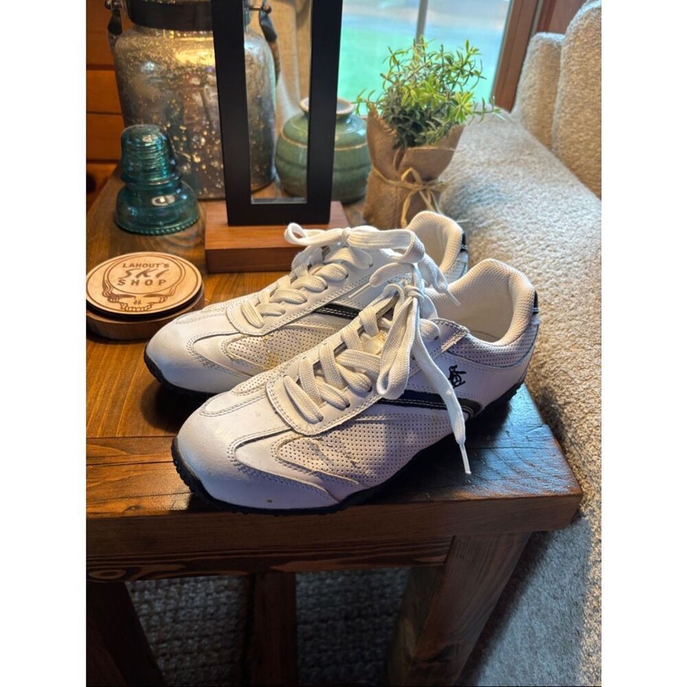 White Athletic Sneakers with Navy Stripe